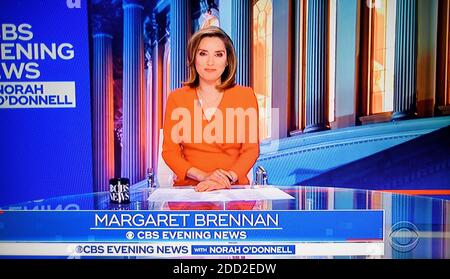 A television screenshot of CBS TV news correspondent Margaret Brennan ...