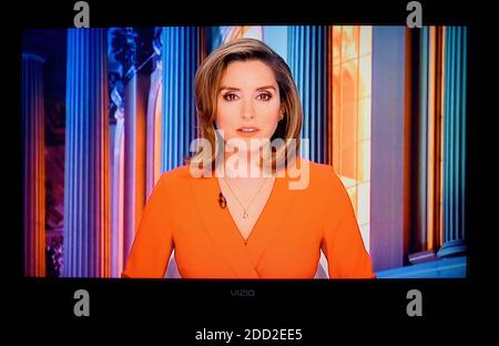 A television screenshot of CBS TV news correspondent Margaret Brennan substituting for Norah O'Donnell on the CBS Evening News broadcast. Stock Photo