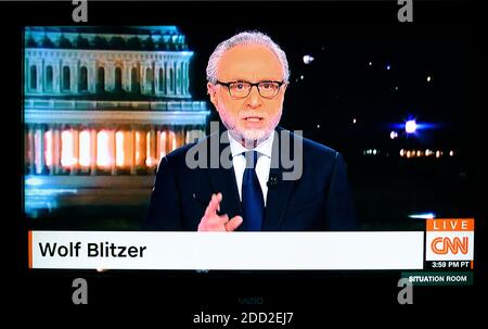A television screenshot of CNN news anchor Wolf Blitzer delivering the daily news on CNN's 'The Situation Room.' Stock Photo