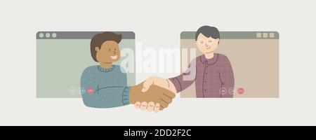 videoconference. Two men communicate via video communication. Handshake over the Internet. Distance business conference concept..Vector illustration s Stock Vector