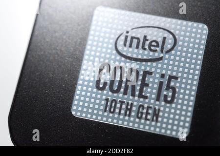 Saint Petersburg, Russia - November 16, 2020: a close-up of a sticker of Intel Core i5 10th Gen. Stock Photo