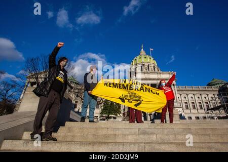 Harrisburg, United States. 23rd Nov, 2020. The 'Pennsylvania Poor People's Campaign: A National Call for Moral Revival' organized Moral Monday caravan at the State Capitol in Harrisburg, Pennsylvania on November 23, 2020. It was one of many caravans at statehouses across the United States held to mourn the more than 250,000 Americans who have died from COVID-19, demand a smooth transition of power, and advocate for a moral agenda in the Biden administration. (Photo by Paul Weaver/Sipa USA) Credit: Sipa USA/Alamy Live News Stock Photo