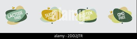 Set of allergen free badges. Lactose, gluten, sugar and GMO free. Vector signs of allergen contant for packaging design, cafe, restaurant badges, tags Stock Vector