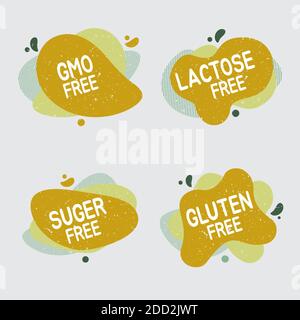 Set of allergen free badges. Lactose, gluten, sugar and GMO free. Vector signs of allergen contant for packaging design, cafe, restaurant badges, tags Stock Vector
