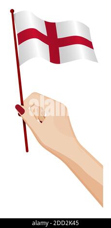 Female hand gently holds small Flag of England. Holiday design element. Cartoon vector on white background Stock Vector
