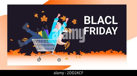 woman with shopping bags sitting in trolley cart black friday big sale promotion discount concept full length horizontal vector illustration Stock Vector