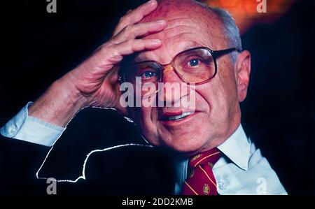Milton Friedman (1912-2006) American Economist and recipient of the 1976 Nobel Memorial Prize in Economic Sciences.  Friedman received the Nobel for his research on consumption analysis, monetary history and theory on the complexity of stabilization policy.  Friedman was an advisor to the American President Ronald Reagan and British Prime Minister Margaret Thatcher.  His books, articles, television programs and lectures had a global influence and he has been considered to be second-most popular economist of the 20th century. Stock Photo