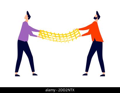 Men stretched out trampoline net, rescue from falling from height concept, cartoon vector illustration icon Stock Vector