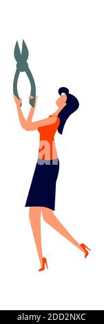 Woman with big garden shears raised up, cartoon vector illustration, flat icon