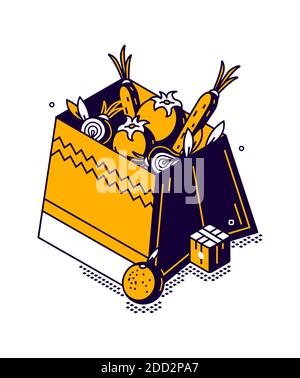 Isometric box with vegetables and fruits, storing food in a store or market, vector illustration Stock Vector