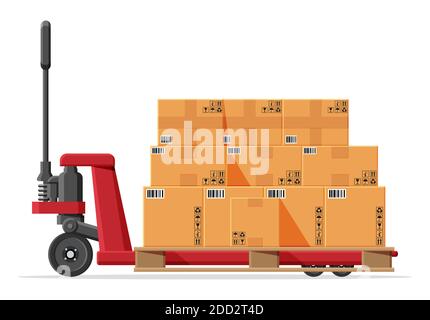 Hand pallet truck with cardboard box isolated on white. Pallet jack full of carton boxes. Delivery packaging closed container with fragile signs. Vector illustration in flat style Stock Vector