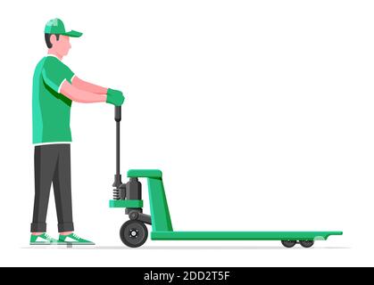 Man with hand pallet jack lift isolated on white. Empty hand pallet truck and male mover. Worker in uniform with cargo cart. Delivery, logistic and shipping cargo. Flat vector illustration Stock Vector
