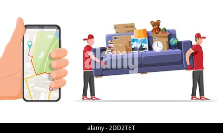 Delivery character man movers carry sofa and smartphone with map app. Porters carry couch isolated. Moving company with loaders and furniture. Delivery relocation service. Flat vector illustration Stock Vector