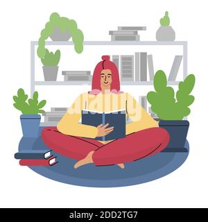 A girl reads a book sitting on a carpet against the background of a bookshelf. Vector illustration Stock Vector