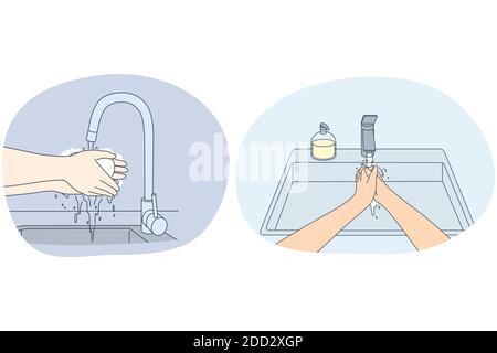 Washing hands, personal hygiene and protection from virus concept. People washing hands properly with soap for protective care in home or public place Stock Vector