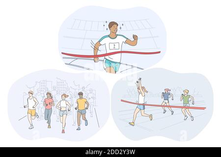 Athletics, running, marathon competition concept. Young people sportsmen athletes taking part in running sport marathons outdoors and on stadiums. Act Stock Vector