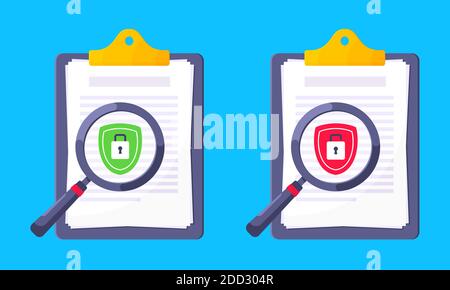 Shield with padlock on it security protection symbol in the magnifier circle glass set. Stock Vector