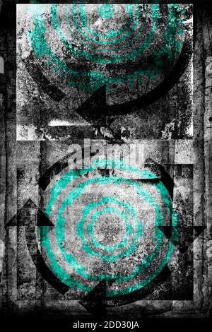 Abstract grunge futuristic cyber technology background.  Drawing on old grungy surface.  Urban cyber punk illustration Stock Photo