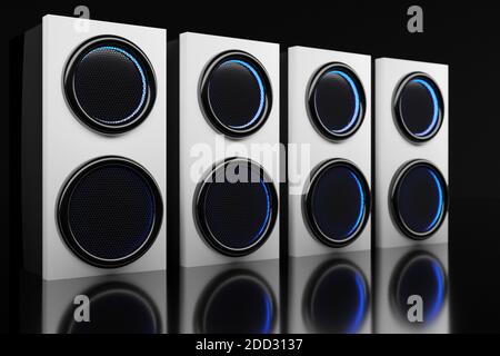 3d illustration row of music speakers with subwoofer on  black   isolated background. Speaker audio sound system for concert and party Stock Photo
