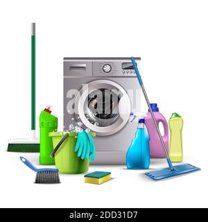 3d realistic vector icon illustration of cleaning products, kitchen and bathroom equipment for washing, toilet, broom, bucket with water and sponge, w Stock Vector
