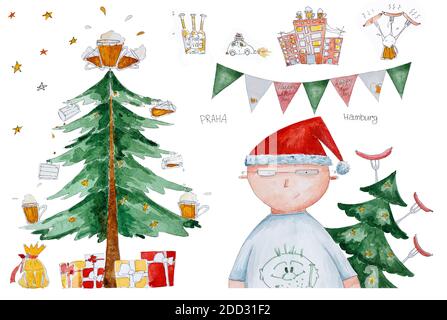 Set of watercolor Christmas elements with hand drawing tree, flags, garaland, presents and pints of beer. Bright light festive background for fabrics, Stock Photo