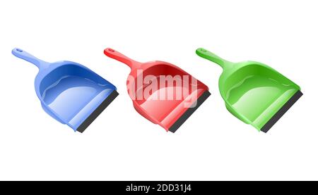 3d realistic vector scoop. Isolated collection of colorful dustpans. Stock Vector