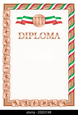 Vertical diploma for third place in a sports competition, bronze color with a ribbon the color of the flag of Italy. Vector image. Stock Vector