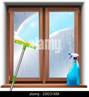 3d realistic vector washing of the windows background, with mop and spray product. Stock Vector