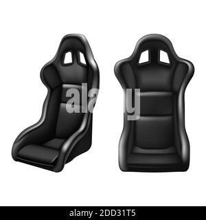 3d realistic vector sport car driving seat in black leather. Isolated on white background. In front and side view. Stock Vector