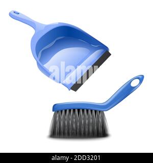 3d realistic vector kitchen or bathroom brush and dustpan for cleaning dust or rubbish. Isolated on white background. Stock Vector