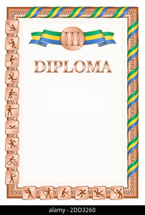 Vertical diploma for third place in a sports competition, bronze color with a ribbon the color of the flag of Gabon. Vector image. Stock Vector