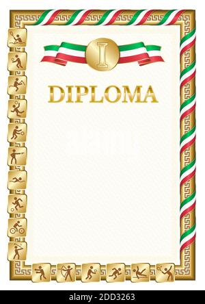 Vertical diploma for first place in a sports competition, golden color with a ribbon the color of the flag of Italy. Vector image. Stock Vector