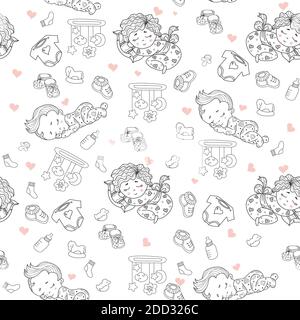 Seamless patterns. Cute baby in pajamas sleeps on pillow. Decorative drawings of babies with toys and rattles, nipples, clothes, shoes on a white Stock Vector