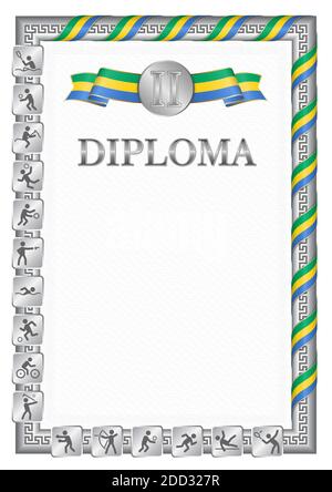 Vertical diploma for second place in a sports competition, silver color with a ribbon the color of the flag of Gabon. Vector image. Stock Vector