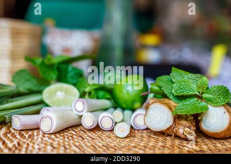Lemongrass, ginger, mint and lime. Set for herbal tea. With space. Soft focus. Stock Photo