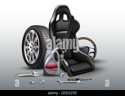 Car repair service background. Realistic vector illustration with car seat, wheels, oil plastic bottle. Stock Vector