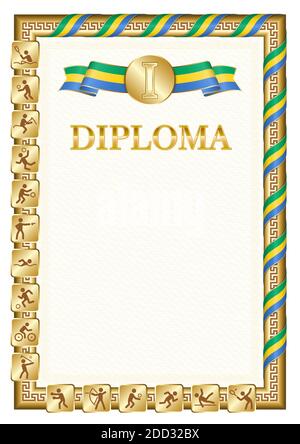 Vertical diploma for first place in a sports competition, golden color with a ribbon the color of the flag of Gabon. Vector image. Stock Vector