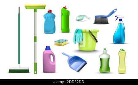 3d realistic vector collection of household cleaning products. Isolated on white background. Stock Vector