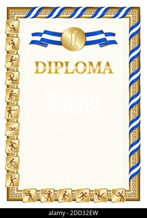 Vertical diploma for first place in a sports competition, golden color with a ribbon the color of the flag of El Salvador. Vector image. Stock Vector