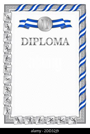 Vertical diploma for second place in a sports competition, silver color with a ribbon the color of the flag of El Salvador. Vector image. Stock Vector