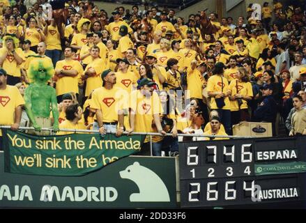 Australian supporters watching the defeat at the Davis Cup final, Barcelona, Spain 2000 Stock Photo