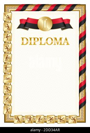 Vertical diploma for first place in a sports competition, golden color with a ribbon the color of the flag of Papua New Guinea. Vector image. Stock Vector