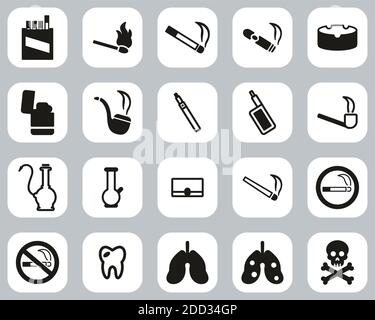 Smoking Or Smoking Addiction Icons Black & White Flat Design Set Big Stock Vector