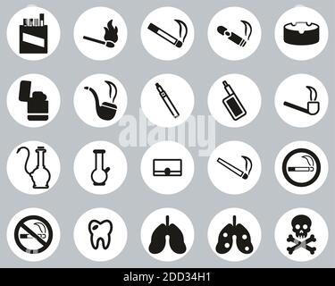 Smoking Or Smoking Addiction Icons Black & White Flat Design Circle Set Big Stock Vector