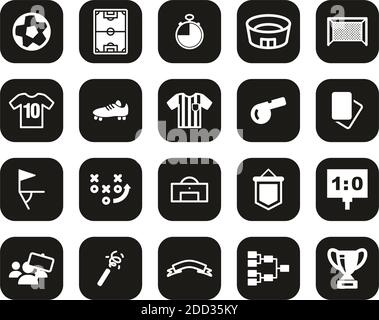 Soccer Or Football Icons White On Black Flat Design Set Big Stock Vector