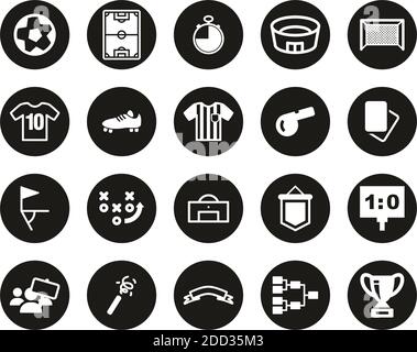 Soccer Or Football Icons White On Black Flat Design Circle Set Big Stock Vector