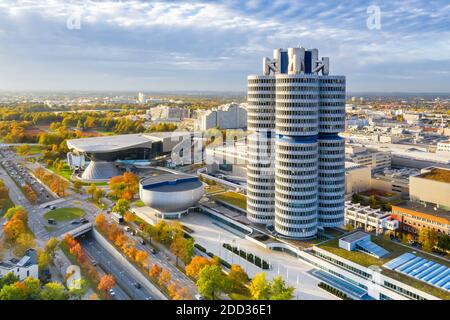 Aerial view of the modern skyline with high-rise buildings, busy ...