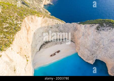Zakynthos island Greece shipwreck Navagio beach travel vacation background drone view aerial photo photography Stock Photo