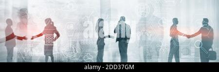 Composite image of various icons on an abstract background of a city and silhouettes of people. Stock Photo