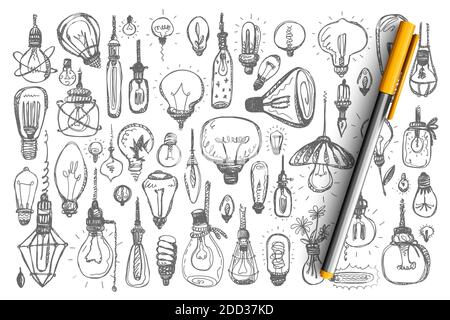 Light bulbs doodle set. Collection of fluorescent halogen miscellaneous lamps enlightment devices on white background. Illustration of idea and creative thinking symbols. Stock Vector